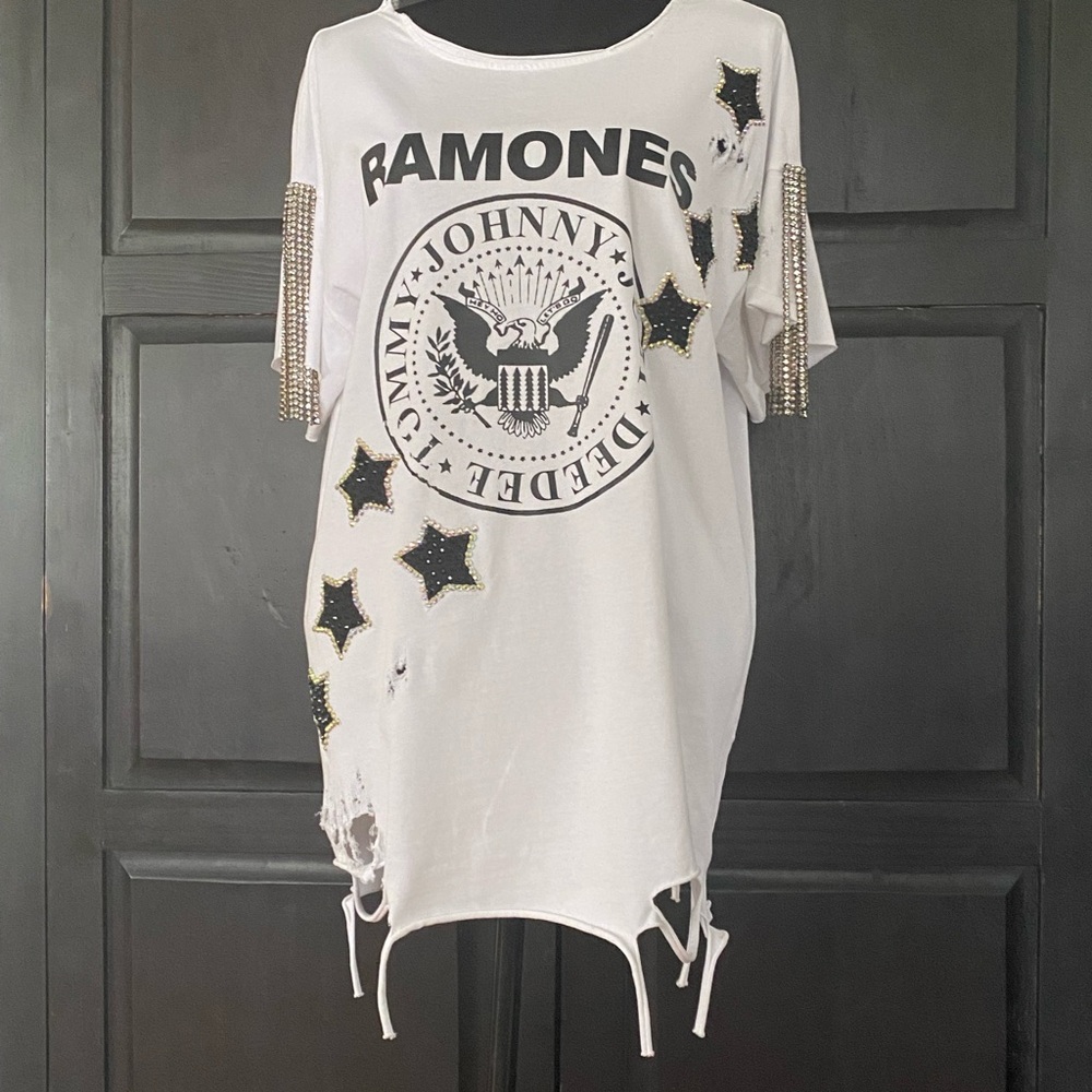 White Ramones Graphic T-Shirt with Star Accents